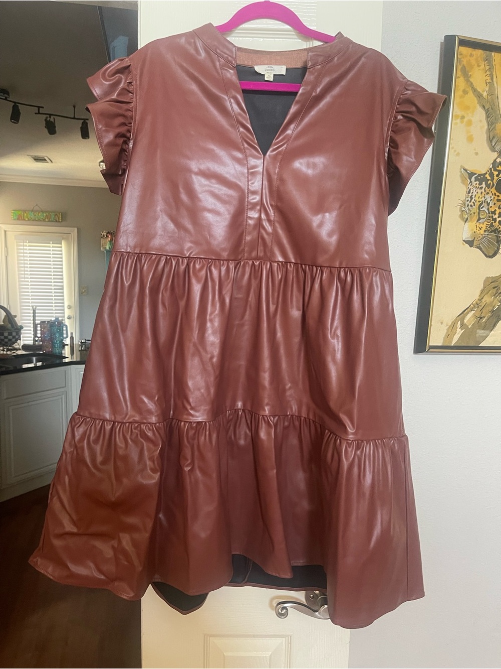 entro Faux Leather Tiered Mini Dress in Brown xl